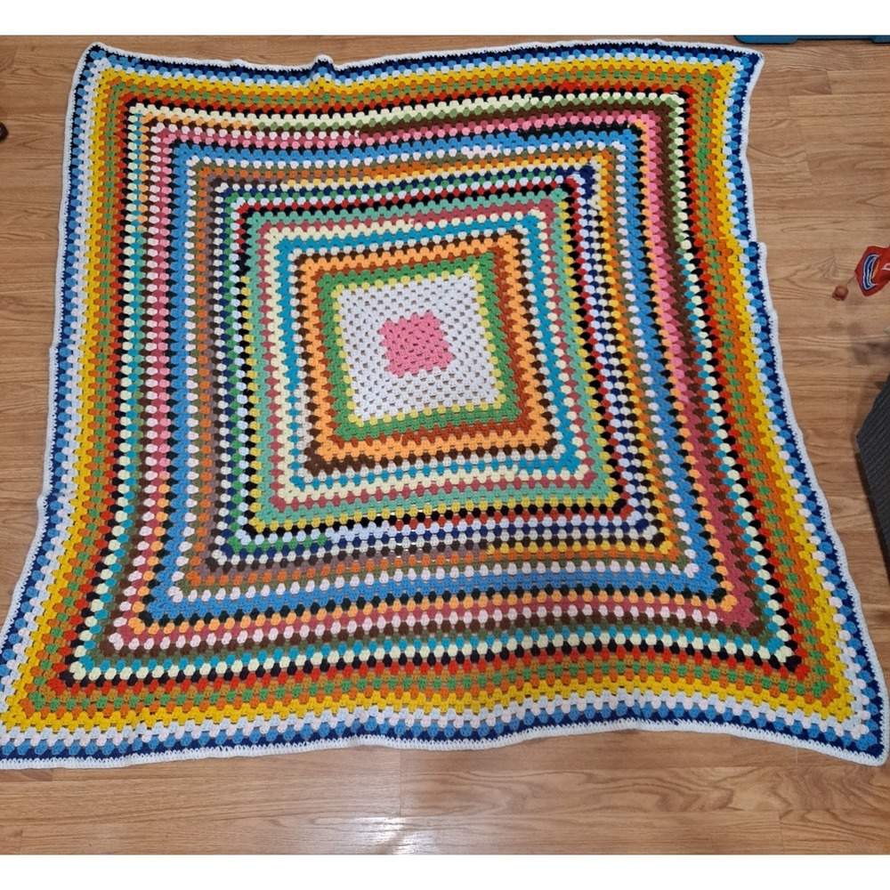Vtg Vintage Handmade Crochet Afghan Throw‎ Granny Blanket Rainbow 63" X 63"